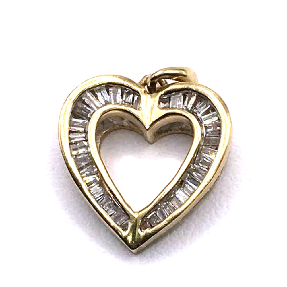 10K Yellow Gold Heart Pendant with Diamond Baggettes .68CT  .75"